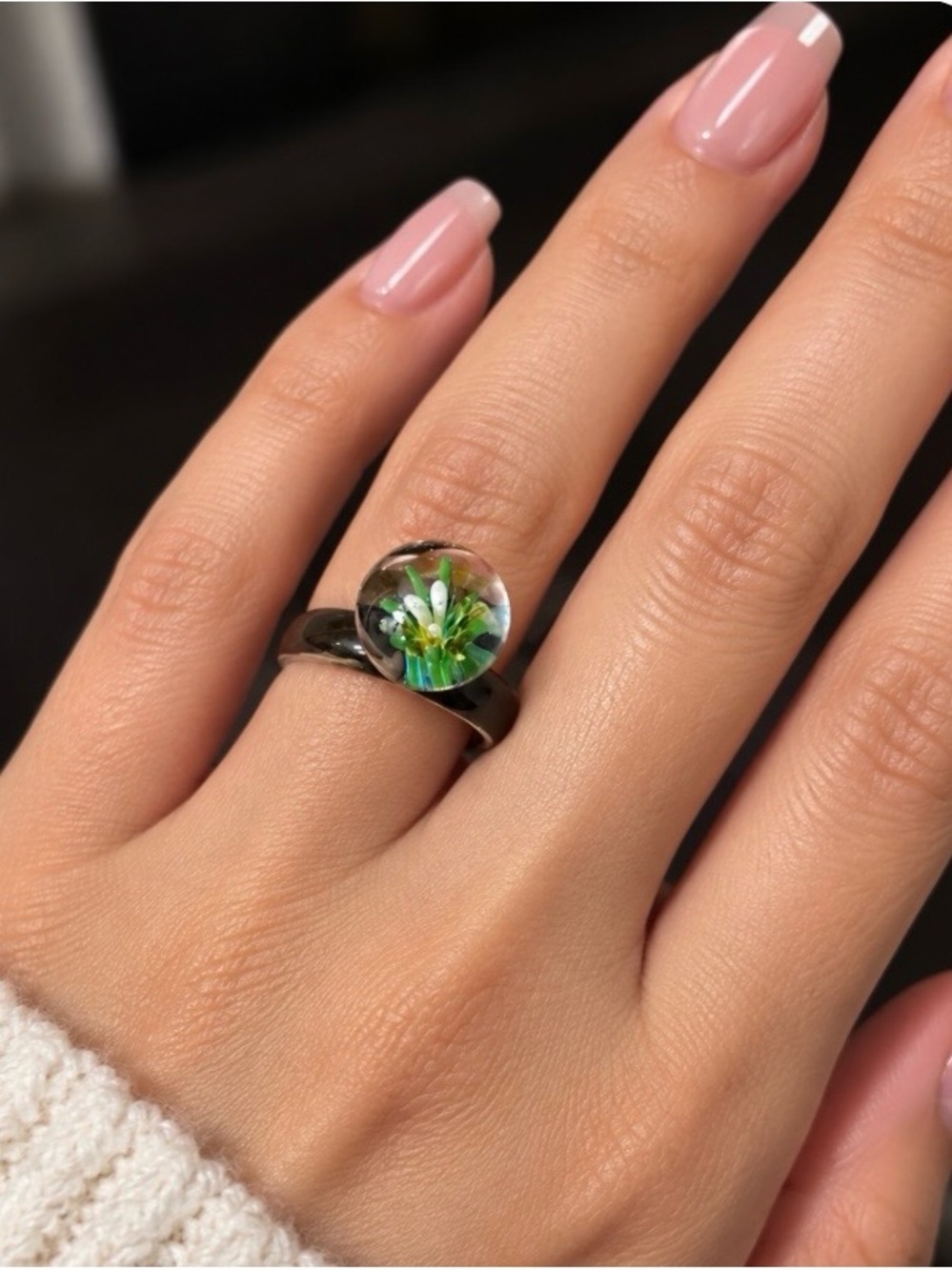Green Floral Glass Dome Ring for Women